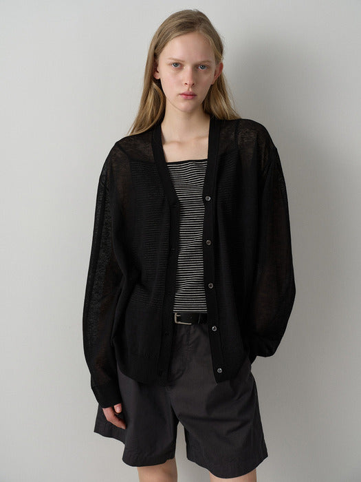 Facade Pattern Oversized V-neck Sheer Cardigan black