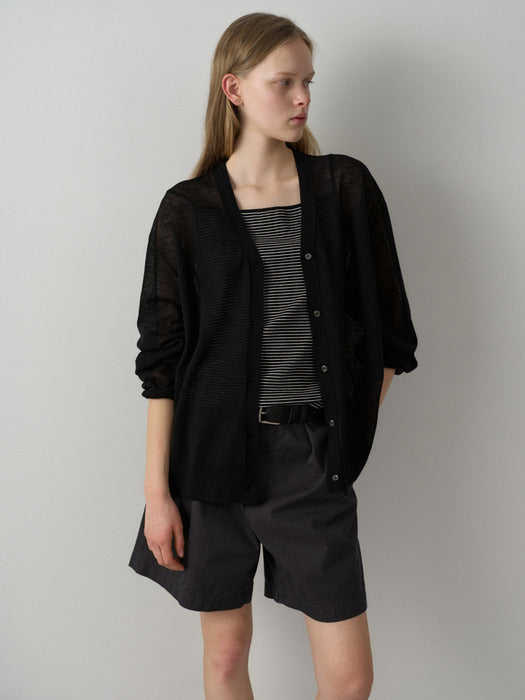 Facade Pattern Oversized V-neck Sheer Cardigan black