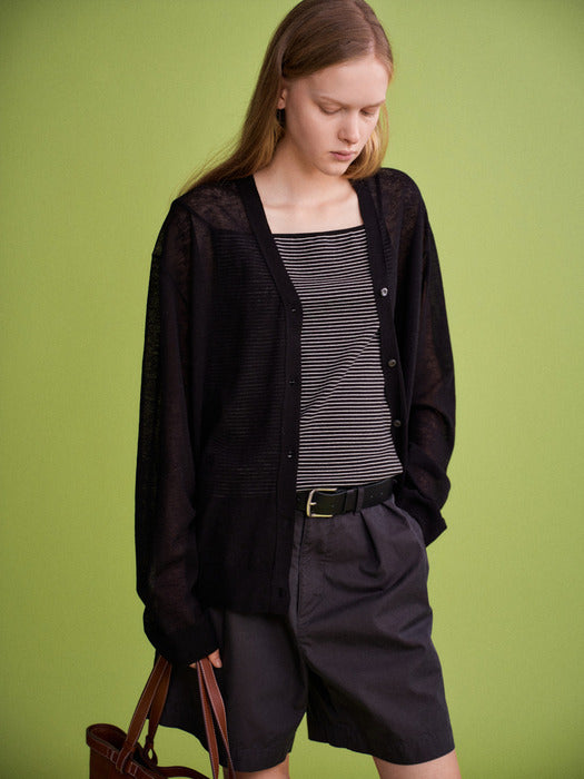 Facade Pattern Oversized V-neck Sheer Cardigan black