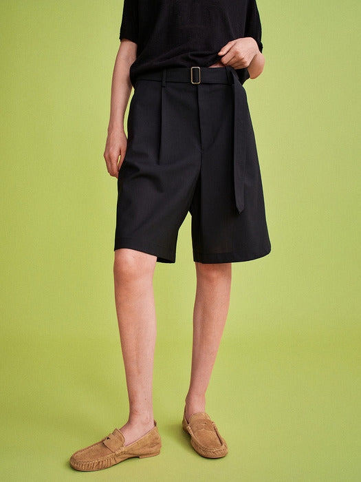 Facade Pattern Summer Wool Belted Bermuda Pants black
