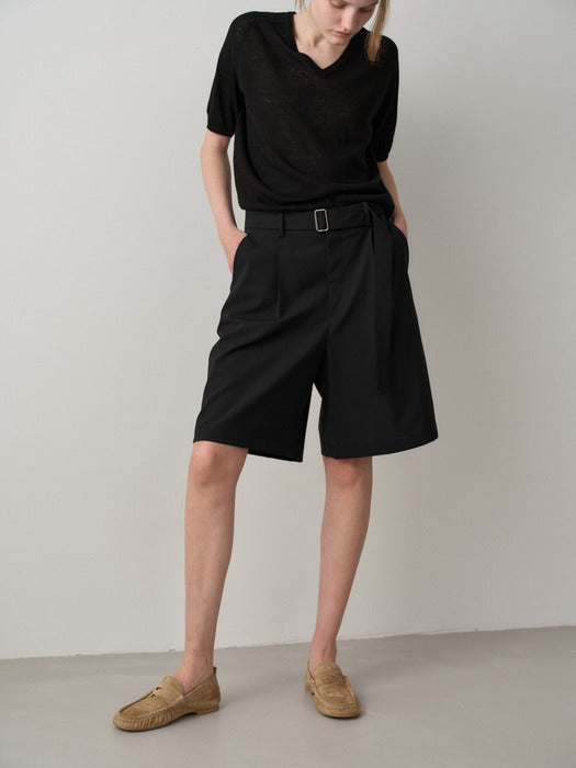 Facade Pattern Summer Wool Belted Bermuda Pants black