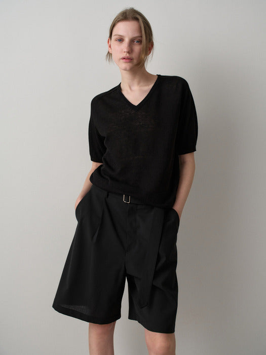 Facade Pattern Summer Wool Belted Bermuda Pants black
