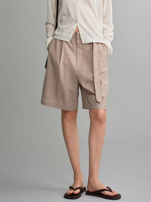 Facade Pattern Summer Wool Belted Bermuda Pants oatmeal