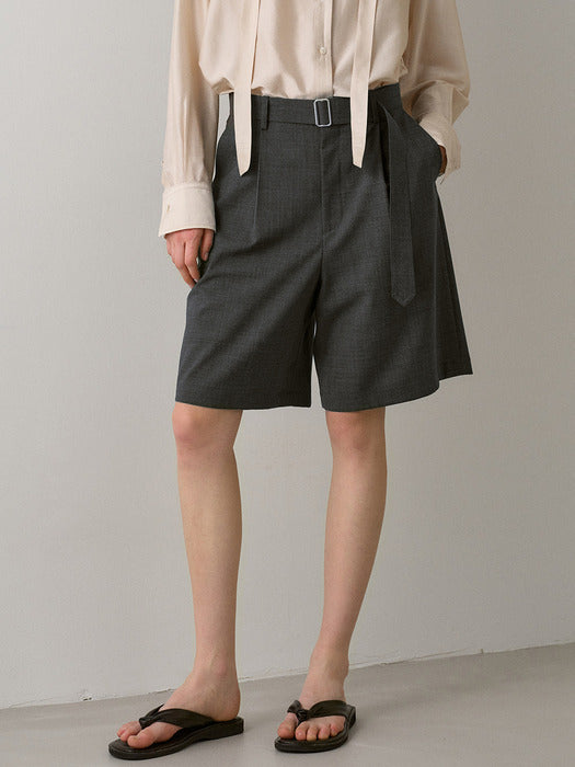 Facade Pattern Summer Wool Belted Bermuda Pants charcoal