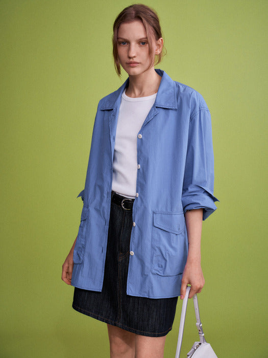 Facade Pattern Open Collar Shirt Jacket blue