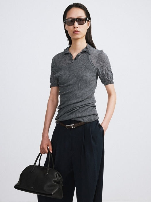 Recto Crease Polo Knit Top (Cool Grey)