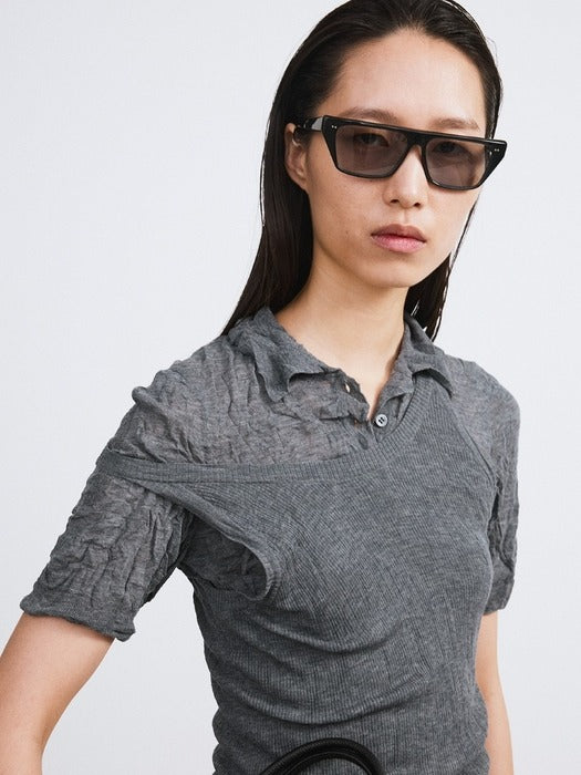 Recto Crease Polo Knit Top (Cool Grey)