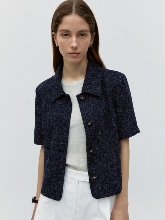 Wconcept_Depound collar tweed half jacket - navy check