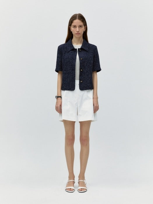 Wconcept_Depound collar tweed half jacket - navy check