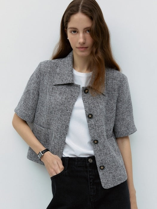 Wconcept_Depound collar tweed half jacket - gray check