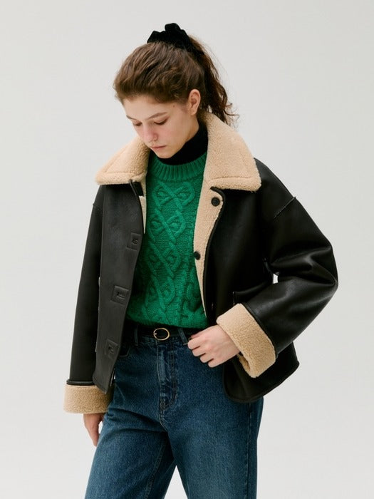 Wconcept_Depound reversible shearling short jacket (leather) - deep brown