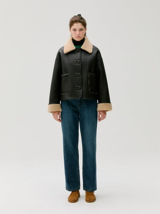 Wconcept_Depound reversible shearling short jacket (leather) - deep brown