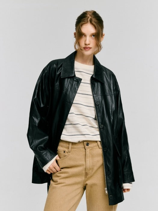 Depound leather utility half jacket - black