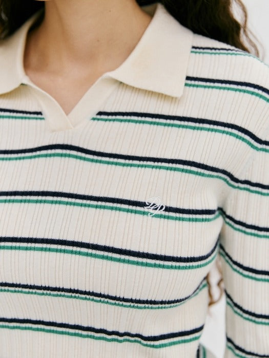 Wconcept_Depound stripe collar open pullover - green