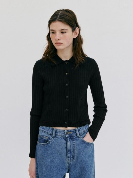 Wconcept_Depound ribbed frill cardigan - black