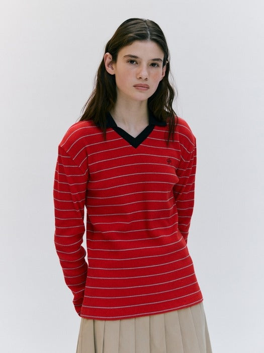 Wconcept_Depound stripe slim fit collar t-shirt - red