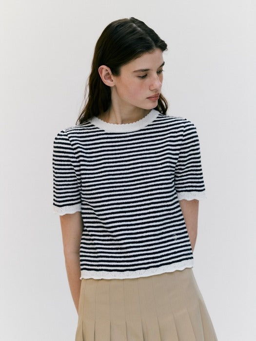 Wconcept_Depound boucle stripe half sleeve pullover - navy