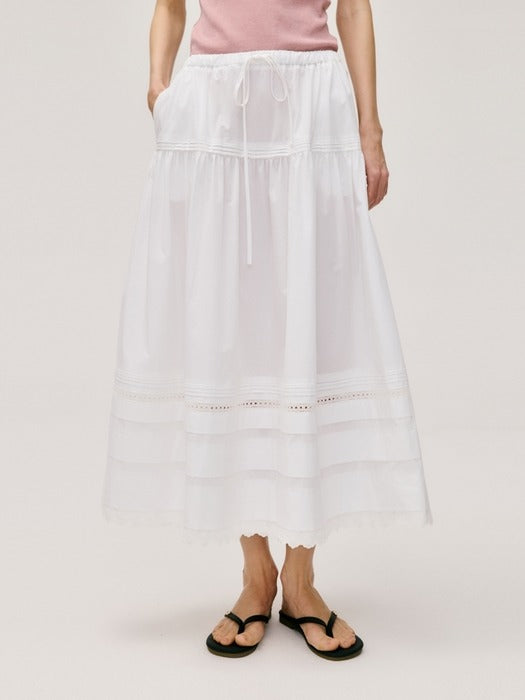 Depound pintuck lace long skirt - white