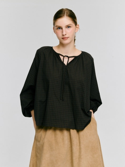 Wconcept_Depound neck string ribbon check blouse - brown check
