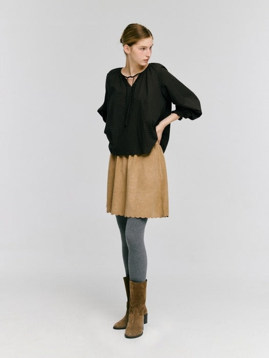 Wconcept_Depound neck string ribbon check blouse - brown check