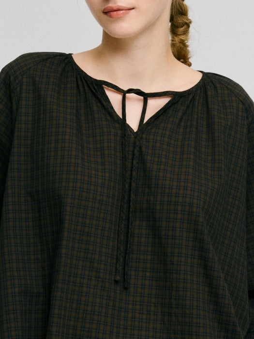 Wconcept_Depound neck string ribbon check blouse - brown check