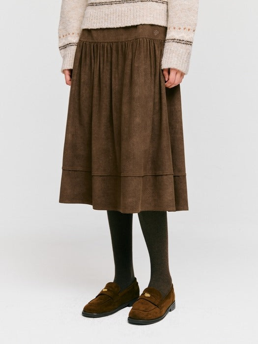 Wconcept_Depound suede shirring midi skirt - brown