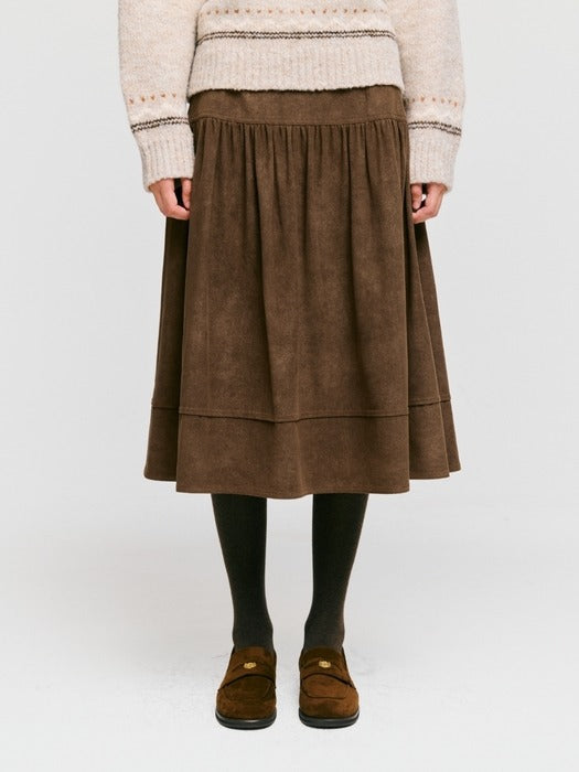 Wconcept_Depound suede shirring midi skirt - brown