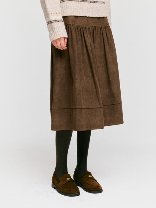 Wconcept_Depound suede shirring midi skirt - brown