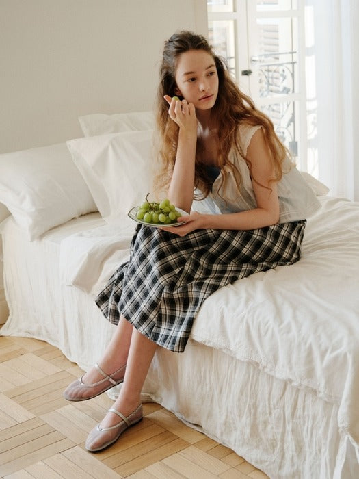 Wconcept_Depound shirring flare check long skirt - black