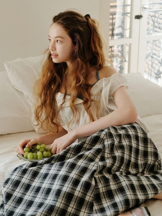 Wconcept_Depound shirring flare check long skirt - black