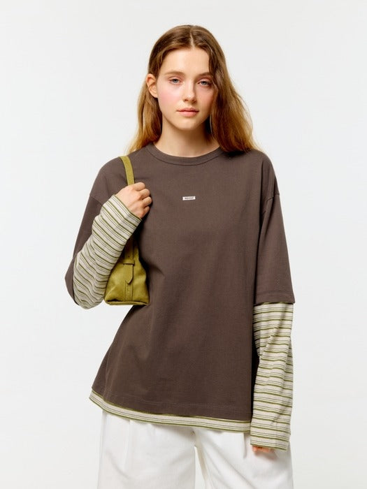 Wconcept_Depound stripe layered logo t-shirt - brown