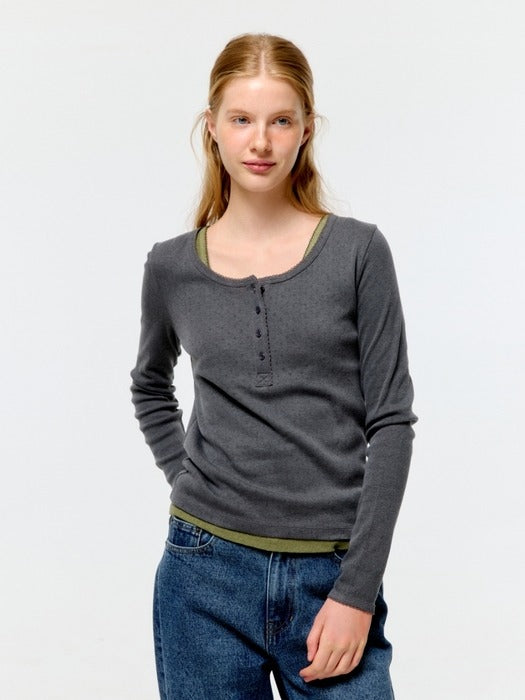 Depound pigment eyelet henley neck t-shirt - charcoal