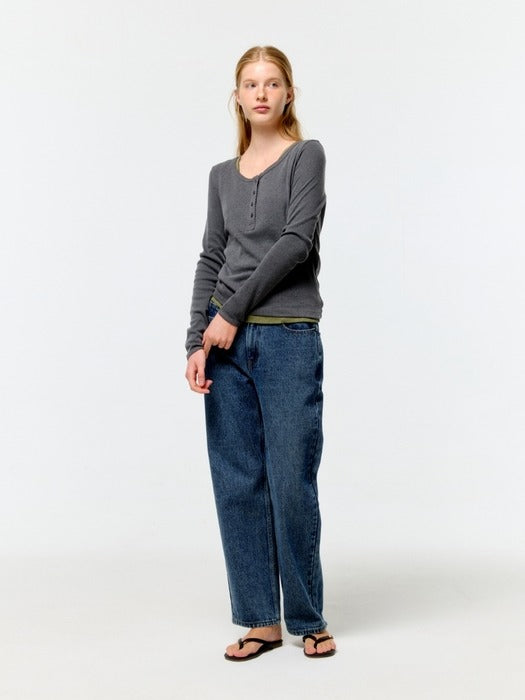 Depound pigment eyelet henley neck t-shirt - charcoal