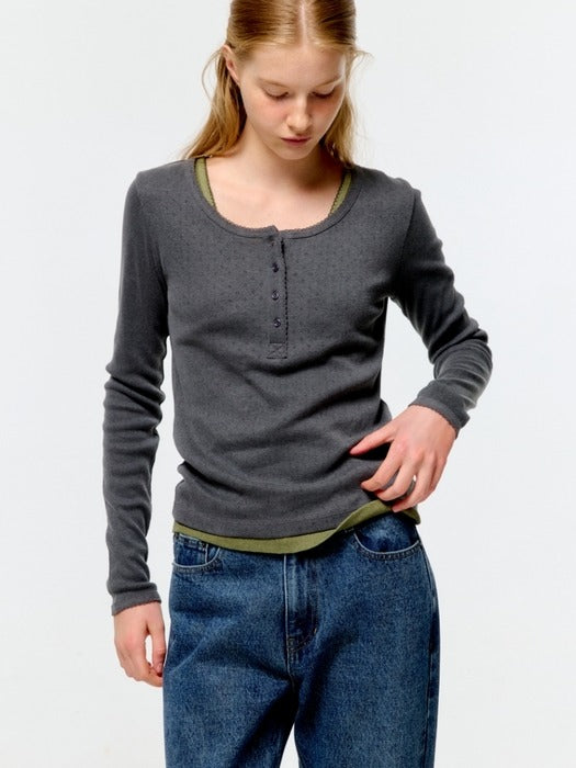 Depound pigment eyelet henley neck t-shirt - charcoal