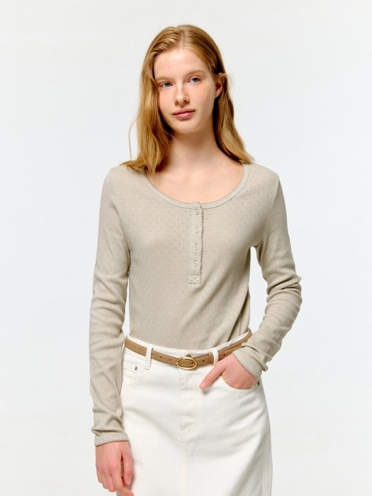 Depound pigment eyelet henley neck t-shirt - light khaki
