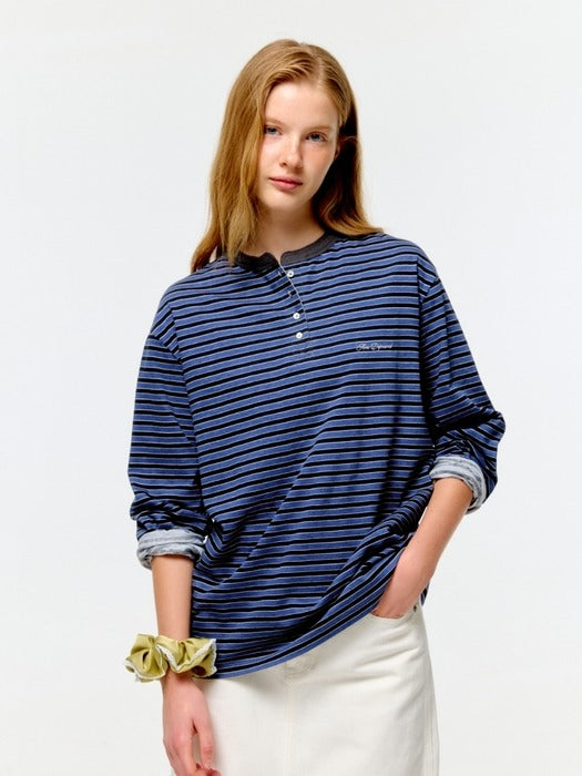 Wconcept_Depound stripe henley neck t-shirt - blue