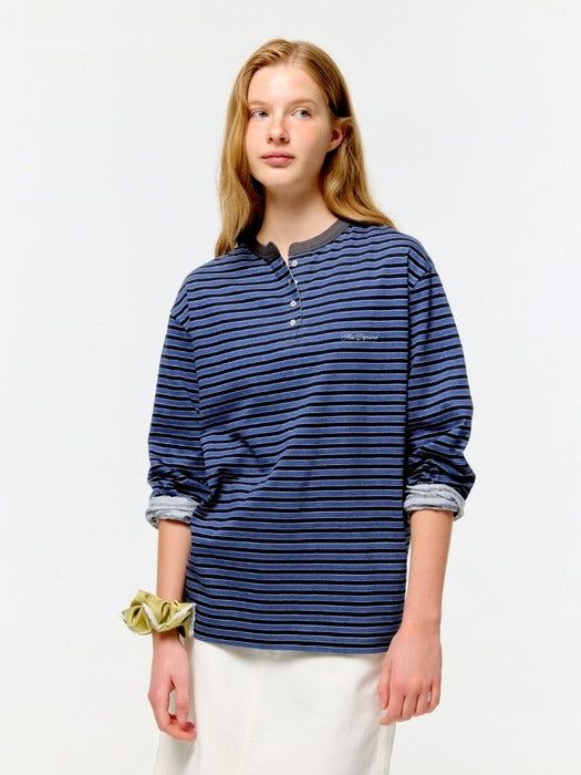 Wconcept_Depound stripe henley neck t-shirt - blue