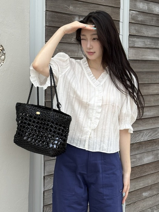 Depound pintuck frill v neck blouse - white