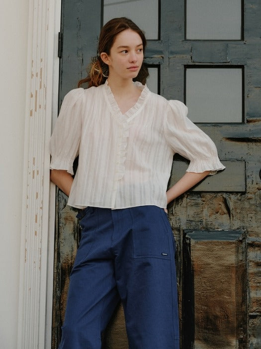 Depound pintuck frill v neck blouse - white