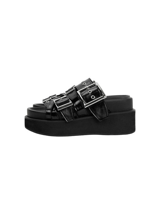 Wconcept_Treemingbird Bold Buckle Flatform Slides [ Black ]