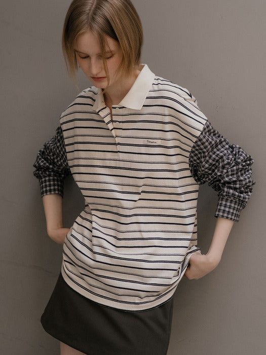 Tillidie Stripe check mix t-shirt Cream
