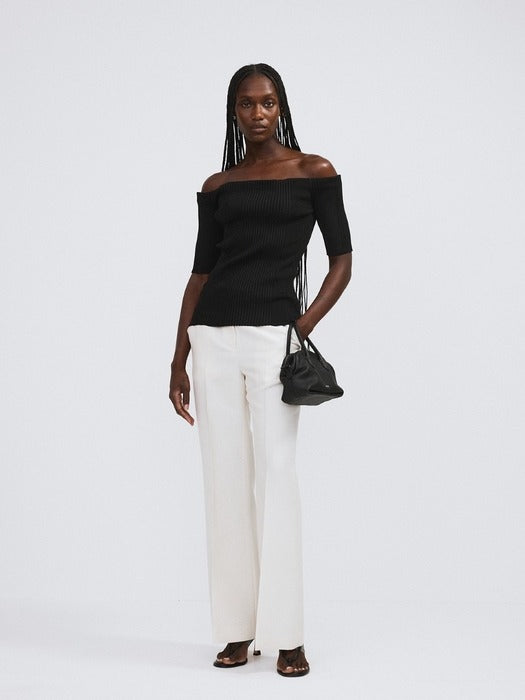 Recto Off Shoulder Ribbed Knit Top (Black)