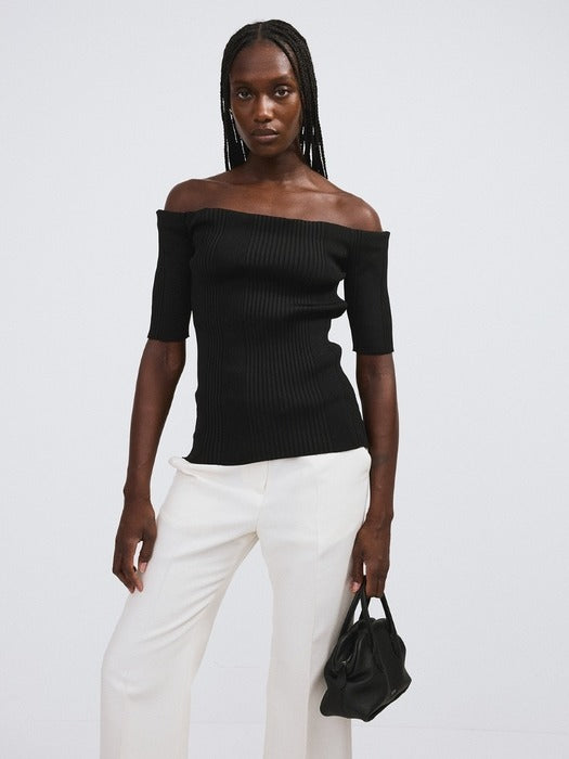 Recto Off Shoulder Ribbed Knit Top (Black)