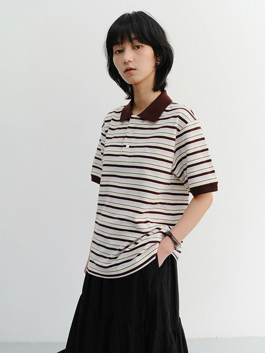 Dunst Unisex Striped Polo Shirt Brown
