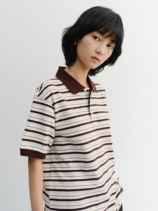 Dunst Unisex Striped Polo Shirt Brown