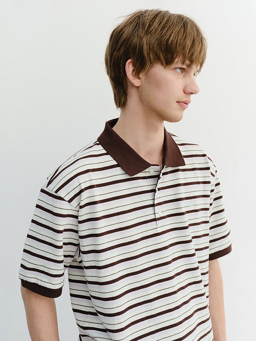Dunst Unisex Striped Polo Shirt Brown