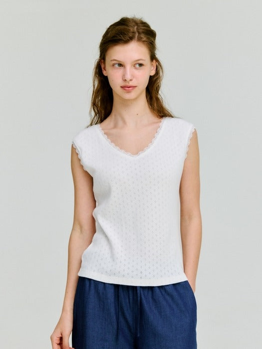 Wconcept_Depound v-neck lace trim sleeveless top - white