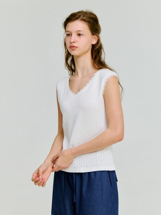 Wconcept_Depound v-neck lace trim sleeveless top - white