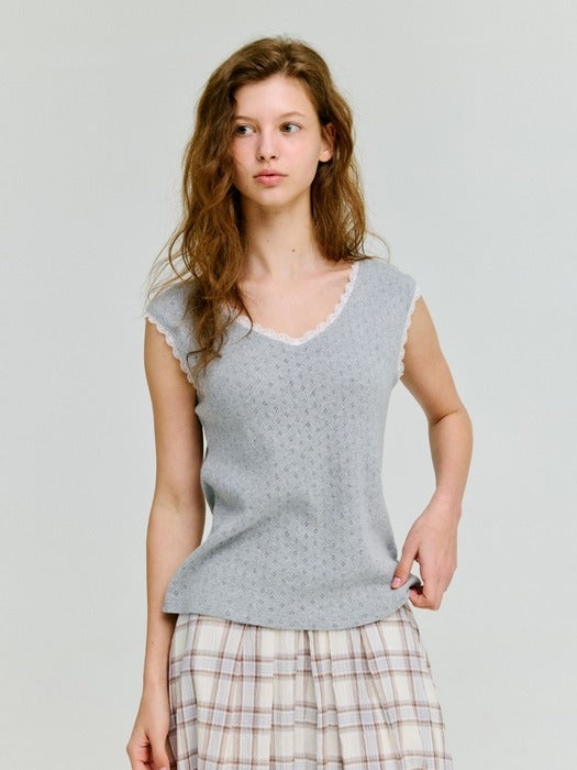 Wconcept_Depound v-neck lace trim sleeveless top - melange grey