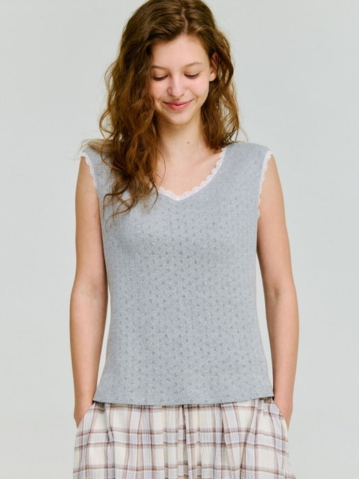 Wconcept_Depound v-neck lace trim sleeveless top - melange grey